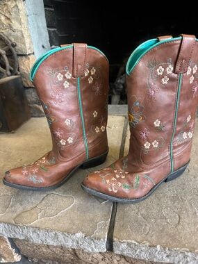 Shyanne Brown Kids Floral Embroidered Cowboy Boots with Turquoise Trim